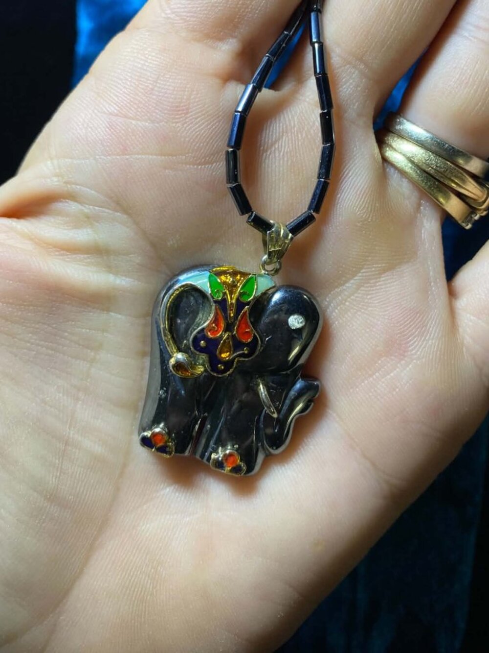 Vintage Lucky Elephant Carved Black Onyx Multi colour Enamel Gold tone Bead